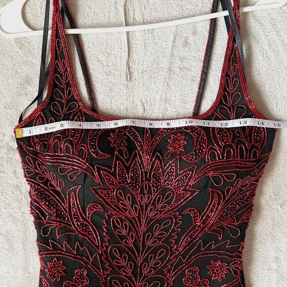 Vintage Cache Red Beaded Halter Prom Dress Gown Small Black Silk Whimsigoth - Picture 8 of 14